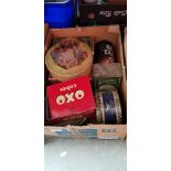 A box of vintage tins to include Oxo, etc.