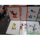 Seven paintings depicting Disney characters.
