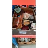 A box of treen, collectables, trinket boxes, flasks, etc.