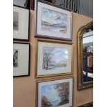 3 watercolours by Chris Urqhart, landscape scenes, each framed and glazed.