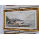 J Hughes Clayton (Welsh, active 1870-1930), watercolour, coastal scene with boats (48.5cm x 24.5cm),