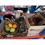 A mixed lot of metalware including pewter tankards, hip flasks, copper kettle with trivet, Indian