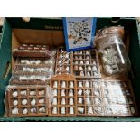 Thimble collection in 8 wall displays and some under plastic dome with Thimbles & Thimble Cases