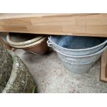 Two large proving bowls together with two galvanised buckets