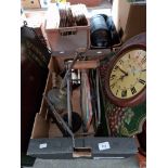 Assorted items including two clocks, wine rack, book stand, iron etc.