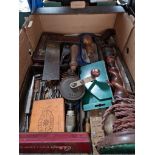 A box of vintage tools etc