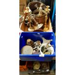 Two boxes of metal-ware to include copper coal scuttle, candlesticks, weighing scales, etc.