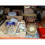 A mixed lot of collectables including inkwells, desk stand, wooden boxes, brass globe, wooden