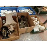 Three boxes with pottery lamps, glassware and china inc. some Old Country Roses