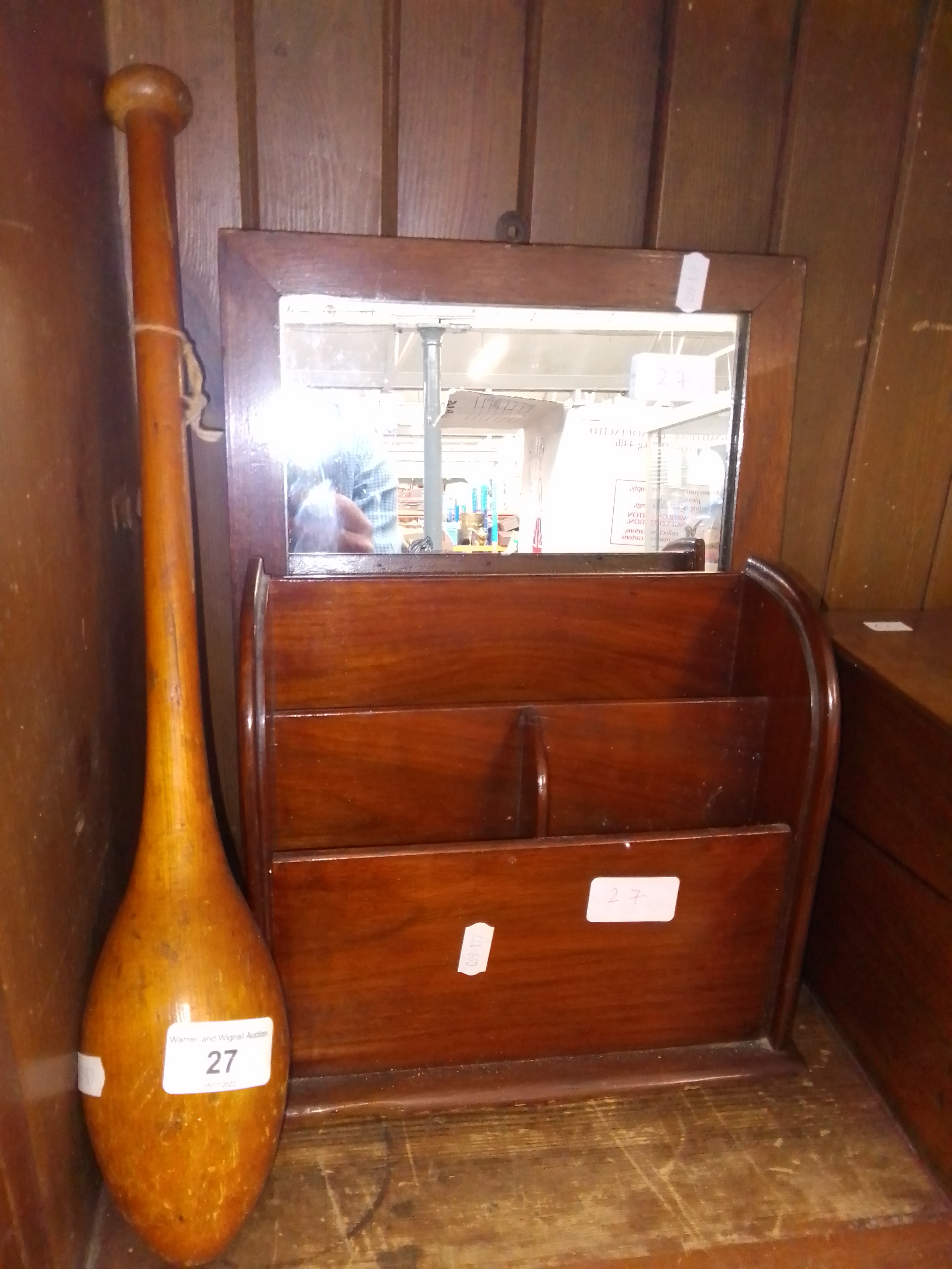 A mahogany framed mirror, walnut letter rack and a vintage club.