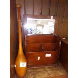 A mahogany framed mirror, walnut letter rack and a vintage club.