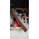 A box of woodworking tools including 4 Marples chisels, Record No7 plane, wood drills, saw, T-