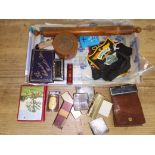 A mixed lot of collectables comprising lighters, police patches and badge, treen, and sewing