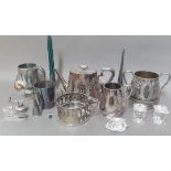 A box of silver plated items together with a pewter tankard and few Swarovski ornaments.