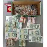 A quantity of GB world coins and banknotes to iclude some silver & commemorative crowna etc.