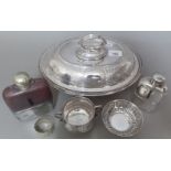 Various silver plated items including lidded tureen, two hip flasks, a bonbon dish and a twin