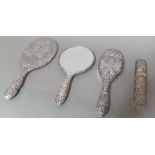 Two silver bound mirrors and two brushes, various marks.