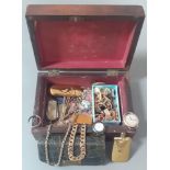A wooden jewellery box and contents including cufflinks, lighters, yellow metal etc.