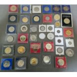 A box of assorted world coins to include commemorative crowns & tokens etc.