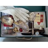 A case of mixed items including white metal and silver, pearls, a watch, gloves, various coins, etc.