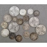 A group of silver coins to include 4 x George V florins (pre 1920), George III, George IV & Victoria