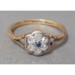 An antique diamond and sapphire cluster ring, diameter 0.4cm, size N/0, gross wt. 2g.