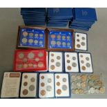 A box of GB coin sets to include approx. 77 Britain's First Decimal Coins & 3 framed sets etc.