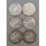 A group of six crowns, 5 x Victoria (1845,2 x 1889,1892,1893) & one George V (1935).