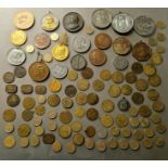A tray of assorted coins, tokens & medallions to include George III etc.