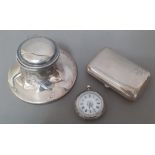A hallmarked silver inkwell together with a white metal cigarette / tobacco case and a silver