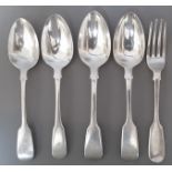 4 silver spoons and 1 fork, London, Josiah Piercy II, 1863, gross wt. 6.7ozt.