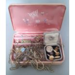 A box of assorted costume jewellery including yellow metal etc.