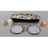 A pair of 19th century tortoiseshell spectacles, in case together with 3 thimbles to include a