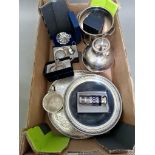 A selection of plated ware and silver items including a tray, dish, mug, bucket, a silver novelty...