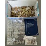 A box of assorted GB coins to include a Whitman brass threepences folder & Commemorative crowns