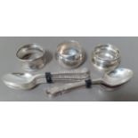 3 silver napkin rings and 11 silver teaspoons, various marks, gross wt. 7ozt.