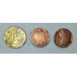 Three early coins comprising two Charles II 1672 farthings and a French nuremberg Jetton.