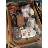 A box of collectables including Viewmaster and reels, vintage cameras, Masonic apron, playing cards,