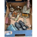 A mixed lot of collectables including brassware, a silver and mother of pearl penknife, etc.