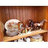 Equestrian interest items - 3 horses (2 by Royal Doulton), pair of bookends, 5 plates by Royal