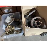 2 boxes of metal-ware to include brass, fire irons, toasting fork, kettle, stove, chestnut