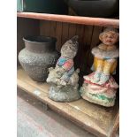 Two garden ornaments, gnomes together with a Oriental copper vase.