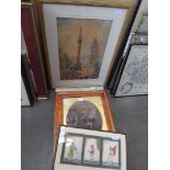 Four pictures comprising a 19th century watercolour, an oil, an engraving and an eastern reserve