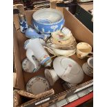 A box of mixed ceramics including Noritake, Wedgwood Jasperware and Bunnykins (some Barbara Vernon).