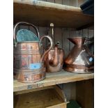 3 copper items ; a kettle, pitcher / jug and watering can.