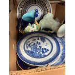 A box of assorted 19th century and later pottery including blue and white, Mintons etc.