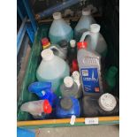 A box of car cleaning products, oil, white spirit, etc.