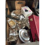 A box of plated wares etc