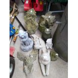 Garden ornaments ; a hare lying down, a mole, a teddy bear, a medieval soldier, 2 gargoyles, a water