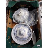 A box of blue and white Asiatic pheasant ceramics.